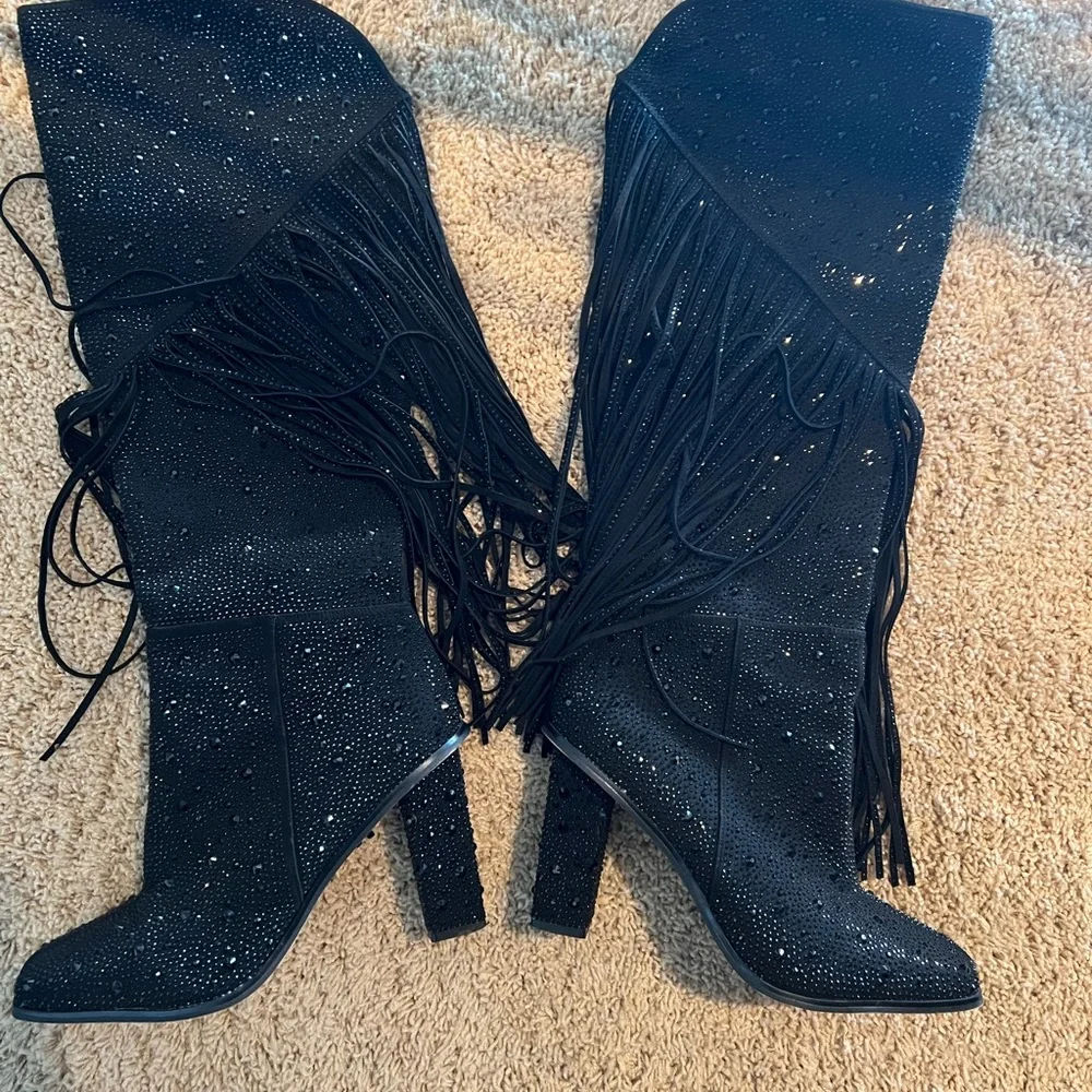 Jessica Simpson Black Sparkle Fringe Heeled Boots - Picture 1 of 3